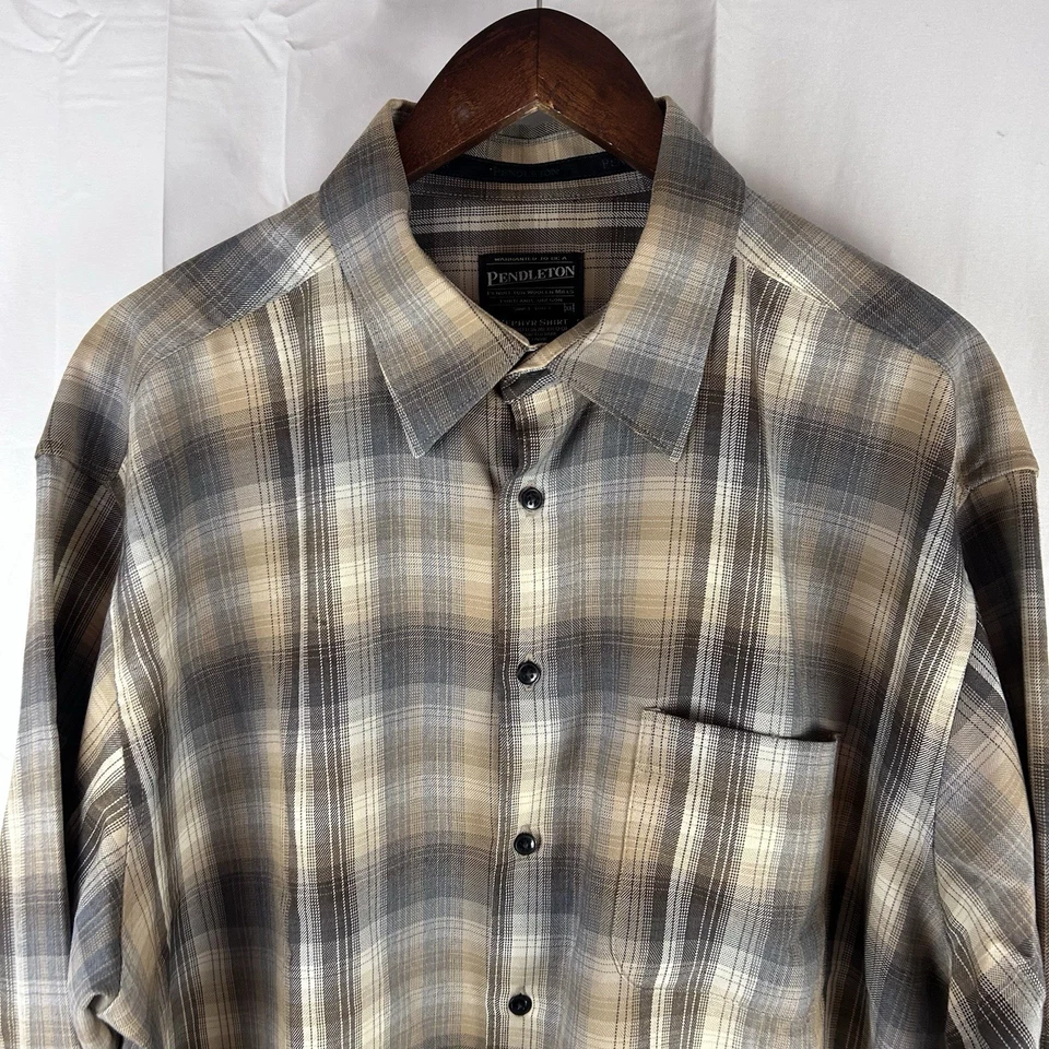Camisa Pendleton Zephyr Para Hombres XL 100% Lana Peinada Bronceada A Cuadros Abotonada Foto 2 de 4