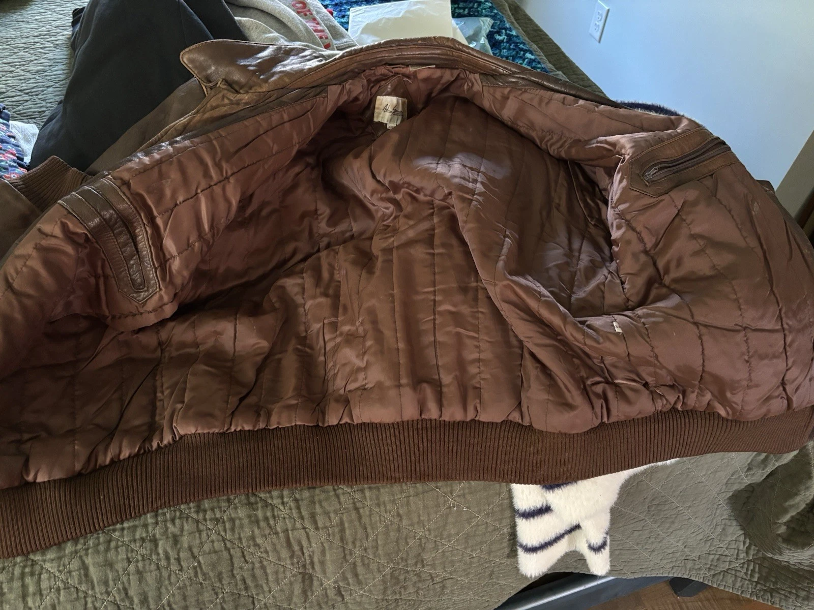 80s Adam Spencer Men's Brown Leather Bomber Jacket Zip Lined 44T soft - product detail image 5