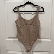For Love Lemons Ribbed Thong Bodysuit Tan XL Scoop Neck