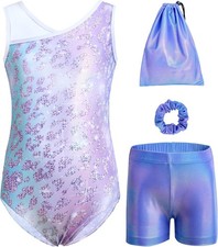 Gymnastics Leotards for Girls 4-Piece Outfit 8-9 Years, Leopard Blue Purple