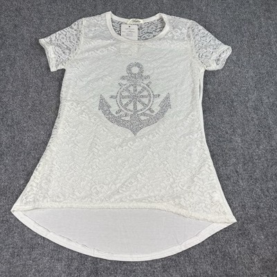 White Lace Rhinestone Anchor Top Women M Nautical Coastal Boho Resort Y2K Beach