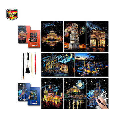 Kratz-Kunst-Malpapier-Set Landmark Building City Nachtszene A3