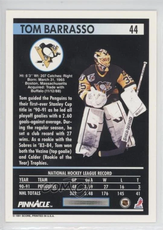 1991-92 Pinnacle Tom Barrasso #44 HOF - Image 2 of 2