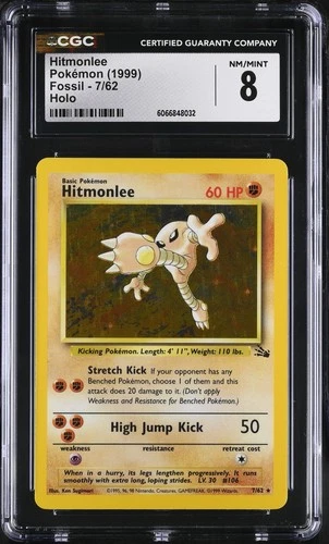 CGC 8 Hitmonlee 1999 Fossil 7/62 Incomplete Holo Error Pokemon Card