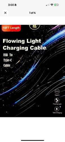 3 Pack 10FT Flowing Light USB to Type-C Fast Charging Cable LED Glow Blue - Picture 2 of 3