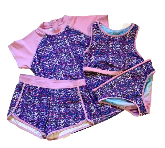 GIRLS 4 PC SWIM SUIT BATHING SUIT SHORTS W/ RASHGUARD SZ L 14/16  +EUC+