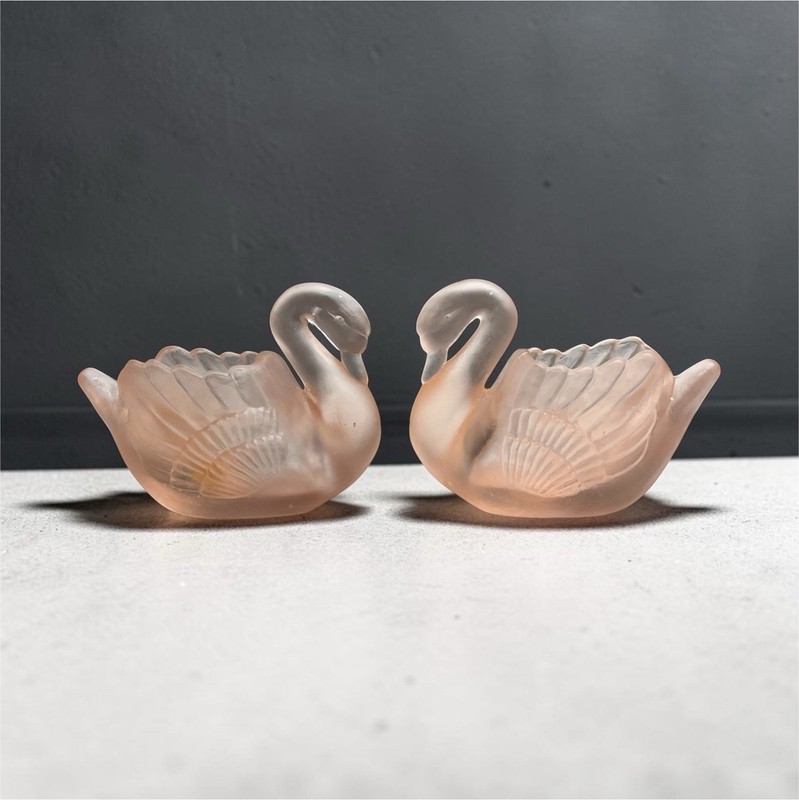 VTG Pair Pink Frosted Satin Glass Swan Trinket Dishes Figurines, Votive Holders