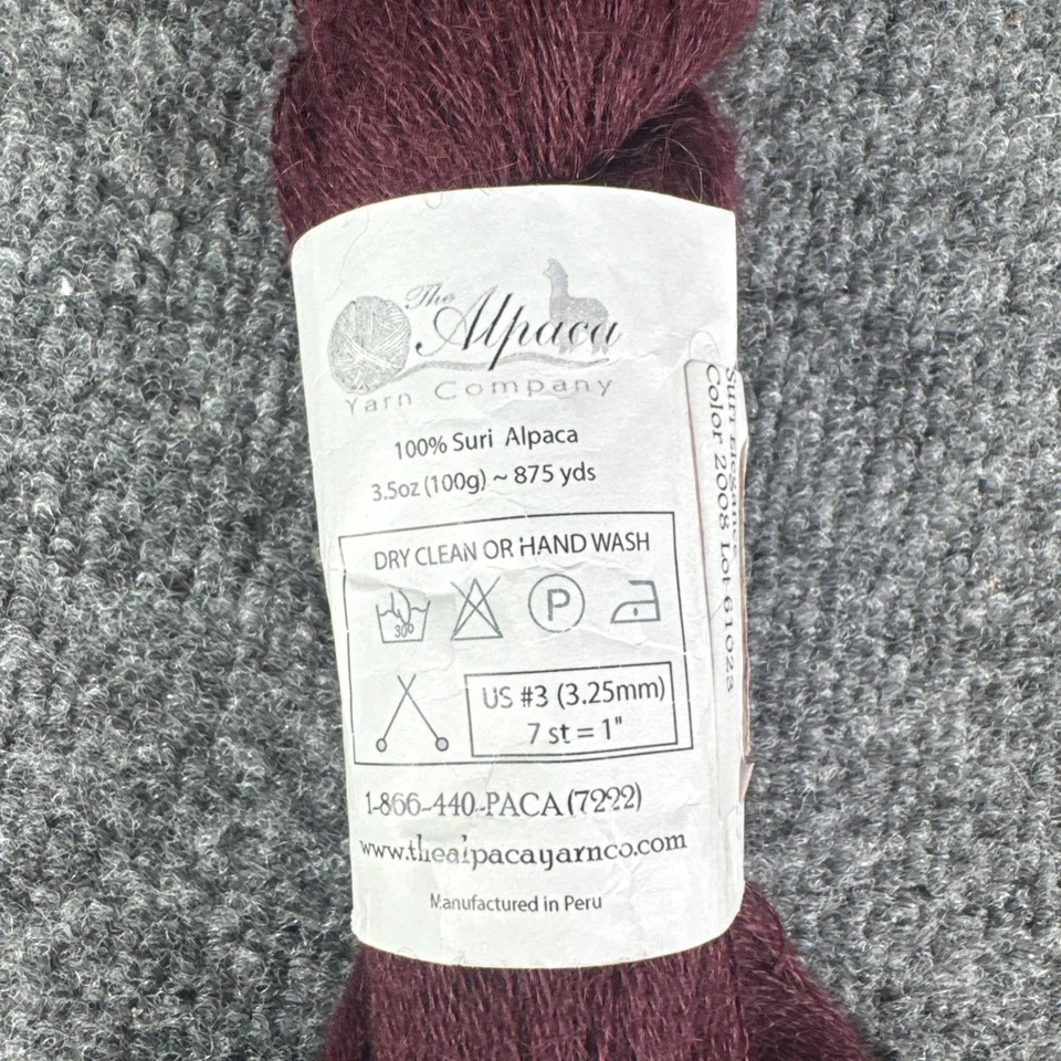 Suri Elegance 100% Alpaca 2008 Cordovan 1 Hank 100g 875yds Yarn Made In Peru - Image 4 of 4
