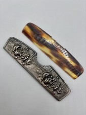 Vtg Faux Tortoise Celluloid Shell Comb w/ SilverPlate Colonial Scene Holder Case