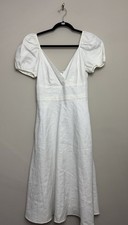 J Crew Womens Linen Blend Puff Short Sleeve Dress Size 0 White Midi V Neck
