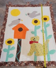 Wall quilt hanging folk-art inspo bird, flower, cat, birdhouse handmade cottage
