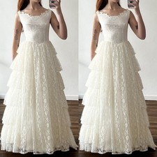 Tiered Ruffles White Wedding Dresses Sleeveless Lace Ivory A Line Bridal Gowns