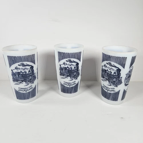 Vintage Hazel Atlas Glasses Currier and Ives Tumblers 5 Inch Set of 3 Milk Glass