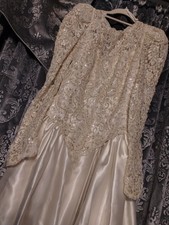 1980 Cream Ornate Beaded Ballgown Wedding Dress / Long Train