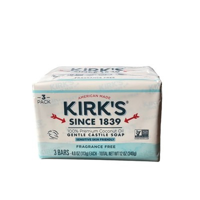 Kirks 100% Premium Coconut Oil Gentle Castile Soap 3 Pack Bars Sensitive Skin