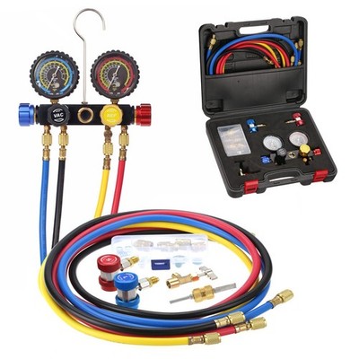 4 Way AC Manifold Gauge Set R134A R410A R22 Refrigerant Quick Couplers Tools