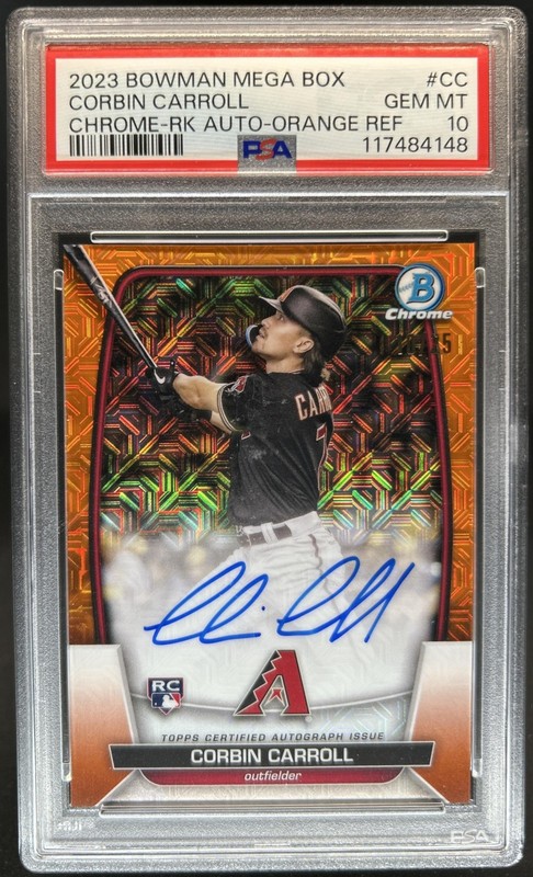 2023 Bowman Mega Box Corbin Carroll Chrome RC Auto Orange Refractor #/25 PSA 10