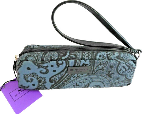 Etro Pouch Bag Make Up Glass Case Fabric Etro Blue Black Print NWT