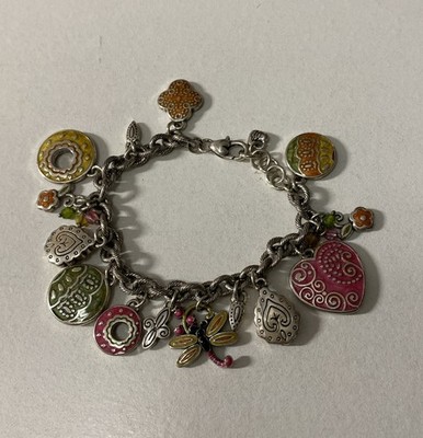Brighton Dragonfly Heart Charm Bracelet  Brightly Colored Enamel Retired 8 1/2 