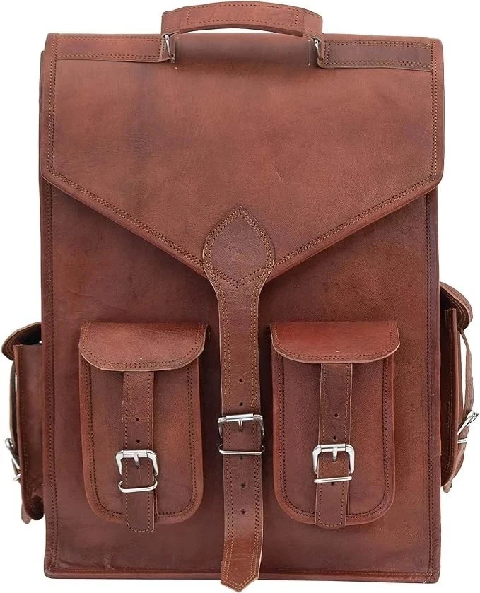 Backpack Travel Men's Leather Bag Goat Genuine Laptop Brown Rucksack Vintage