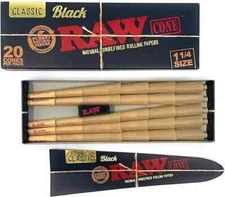 Raw Classic  Black 1 1/4 CONE Rolling Papers 20 Cones/PK 79mm Cones USA SHIPPED