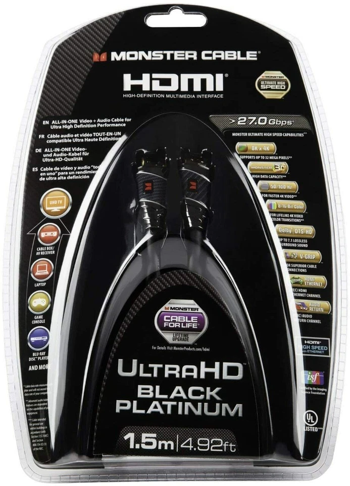Monster 8K x 4K UltraHD HDR HDMI Cable Black Platinum Ultimate 27 Gbps 5ft 1.5m - Image 2 of 4
