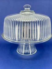 2pc VTG Heavy Clear Ribbed Glass Dome Covered Pedestal Cake Plate Platter Stand