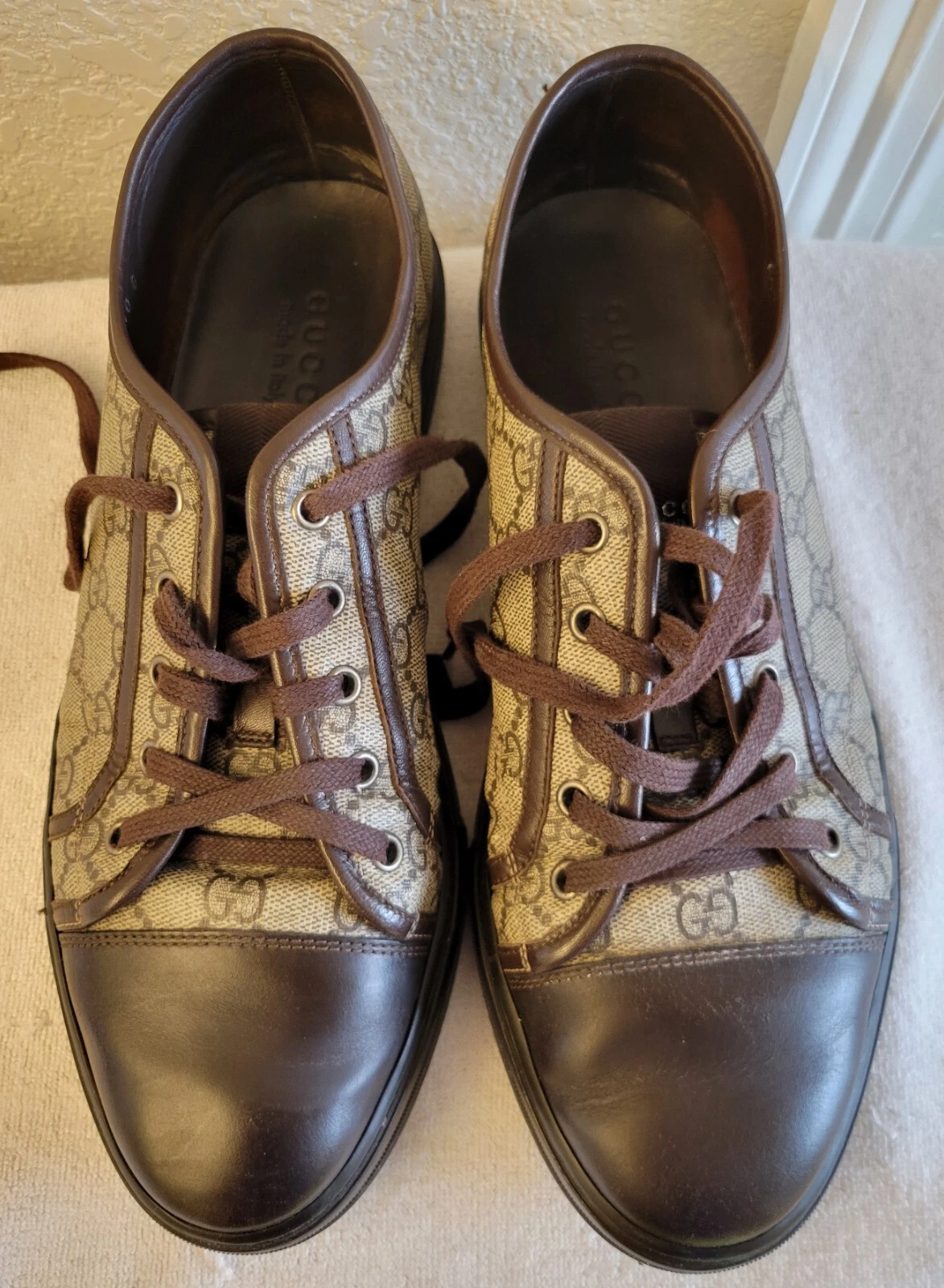 Baskets basses homme authentiques Gucci beige marron monogramme toile taille 10 Italie