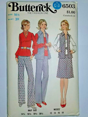 Vest Jacket Blouse Pants Skirt 16 1/2 Butterick 6503 Sewing Pattern UC VTG Set