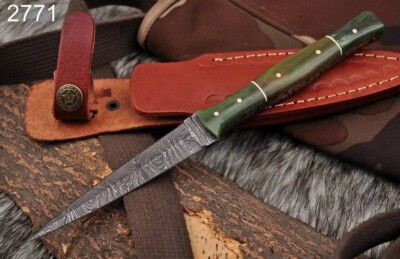 Damascus Fixed Blade Double Edged Boot Knife Camel Bone Handle With Sheath