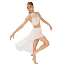 White Mesh Dance Crop Top Chiffon Uneven Skirts Performance Dance Costume