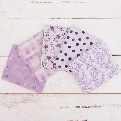 Threadart Exclusive 5 Fat Quarter Bundle Set - White & Purple 100% Cotton Fabric