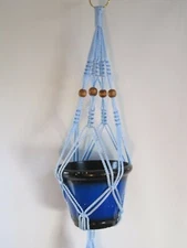 MACRAME PLANT HANGER 24 in Vintage with BEADS Sky Blue Cord - CHOOSE CORD COLOR