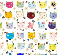 Feline Drive Fabric KITTY CATS Cat Heads Flowers White - Fat Quarter 18x22" FQ
