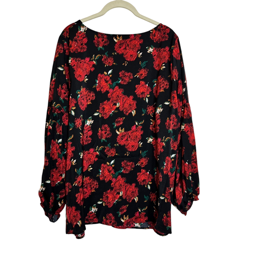 IN Studio Womens Blouse 1X Black Red Dark Floral Balloon Sleeves Chiffon V-Neck - Picture 4 of 8