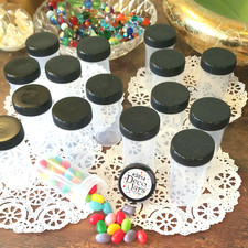 10 Clear Plastic Pill Bottles JARS Screw on Black Caps Container 3814 DecoJars