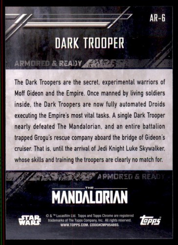 Topps 2022 cromo mandaloriano refractor Dark Trooper blindado y listo #AR-6 - Imagen 2 de 2