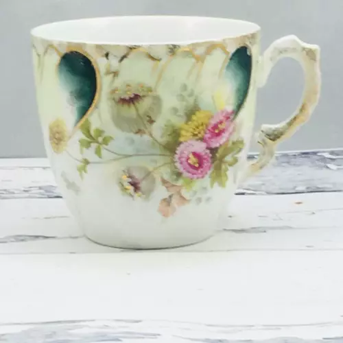 VTG Porcelain China Mustache Teacup, Mug - Floral Design w Gold Painted Accents
