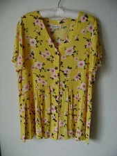 NEW NWOT INDIGO ROSE WOMEN'S BABYDOLL TOP PLUS 1X PEPLUM BLOUSE YELLOW FLORAL