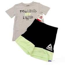 Reebok Boys Short Set-3T-Mesh Shorts-T-Shirt-Gray-Lime Green