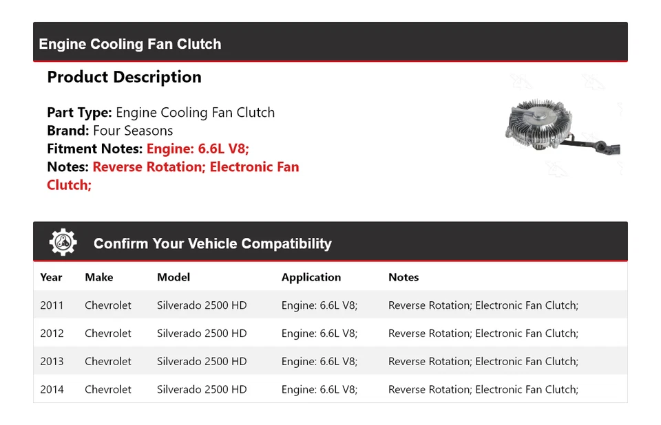 Embrague ventilador refrigeración motor Chevrolet Silverado 2500 HD 2011-2014 4 estaciones Foto 2 de 4