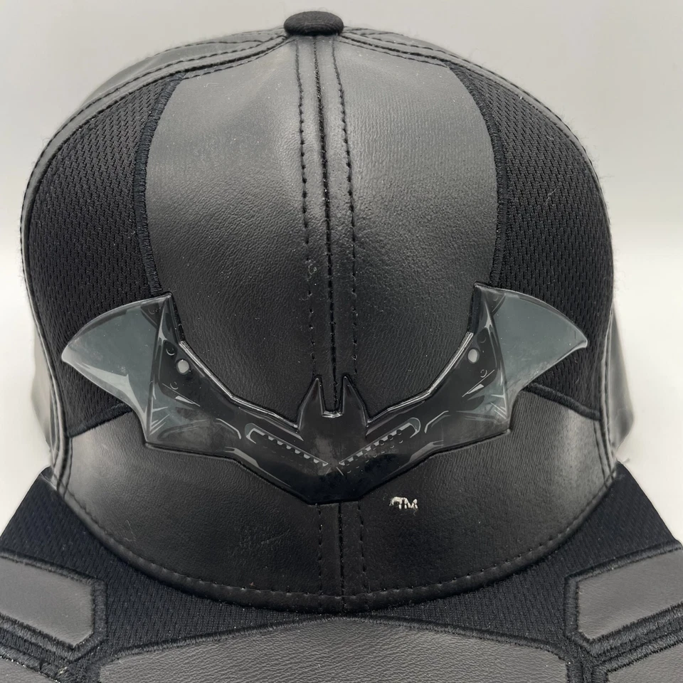 The Batman Hat Cap Black Faux Leather Emblem Logo DC Comic Strapback Movie Promo - Image 2 of 4