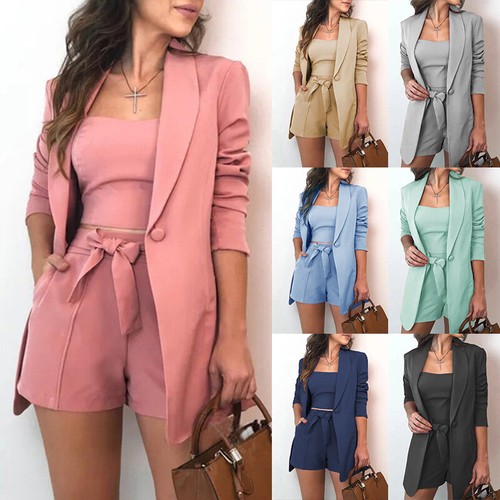 3PCS Womens Blazer Outfit Set Long 