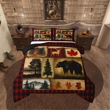 Bear Cabin Plaid Comforter Set Full, Rustic Farmhouse Bedding Set, Retro Hunt...