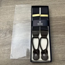 BROOKS BROTHERS Navy Blue Nylon & Brown Leather Suspenders/Braces New in Box