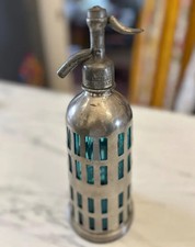 Syfon Butelka Seltzer Vintage Francuska chromowana obudowa Niebieskie szkło