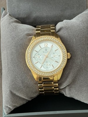 Bulova Women's Quartz Gold Tone Gem-Set Bezel Multifunction Silver Dial