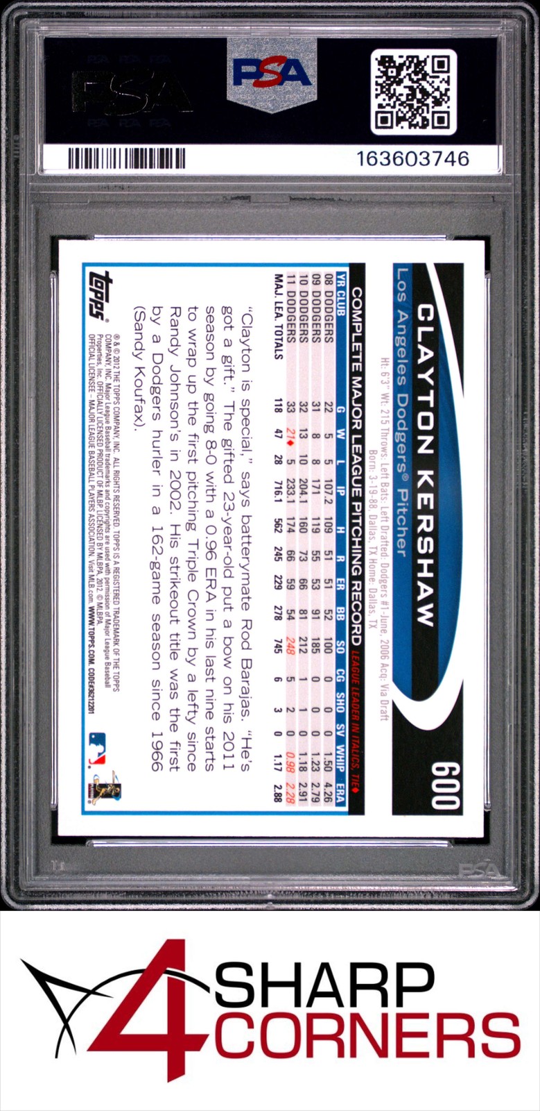 2012 TOPPS #600 CLAYTON KERSHAW DODGERS PSA 10 view 2