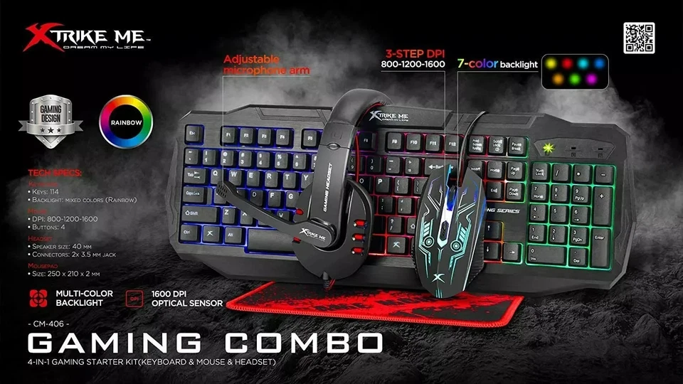 XTrike Me CM-406 Gaming Combo - 104-Key RGB Keyboard, Mouse, Headset & Pad - Image 2 of 4