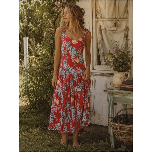Laura Ashley, Vintage Laura Ashley 1980s Red Floral Sundress| Cotton| Size 8